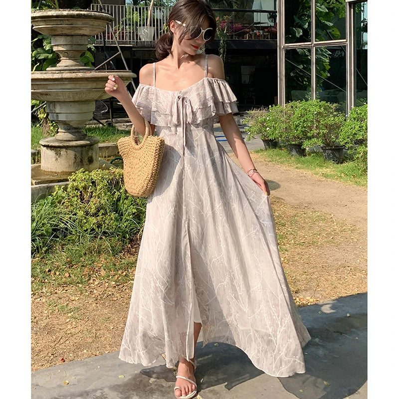Summer Women Backless Straps Sundress Fairy Elegant Party Casual Vacation Boho Maxi Beach Dress Vintage Korean Runway Vestidos