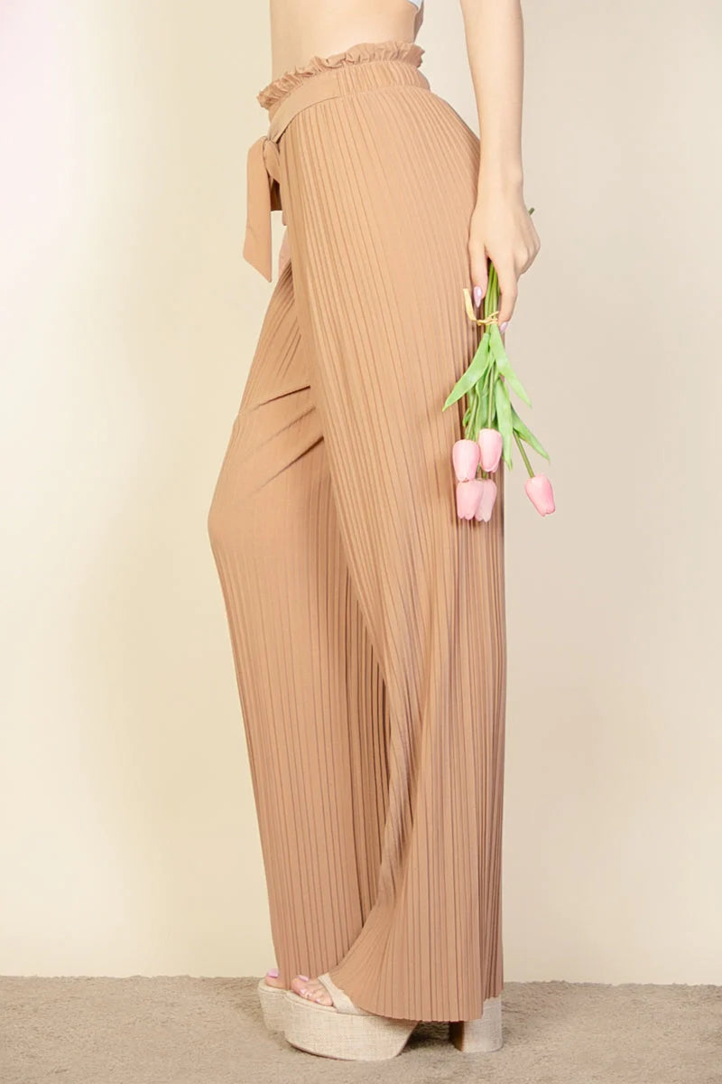 Pleated Stretch Crepe Pull-On Wide Leg Tie Front Pants (CAPELLA)
