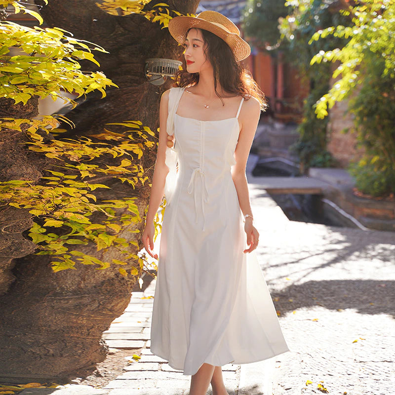 Women Long White Slip Dress Summer 2022 Runway Elegant Vintage Korean Backless Sundress Casual Honeymoon Vacation Party Vestidos