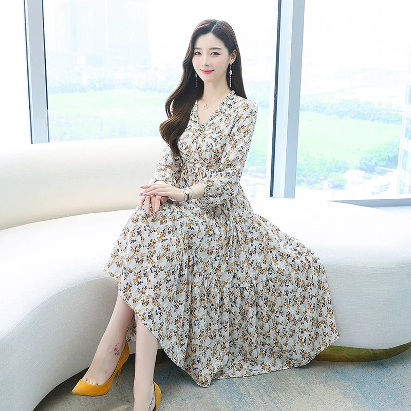 White Long Chiffon Women Floral Dress Autumn Spring Runway 2022 Y2K Korean Fairy Long Sleeve Vintage Elegant Boho Party Dresses