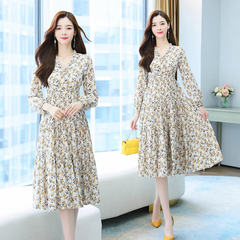 White Long Chiffon Women Floral Dress Autumn Spring Runway 2022 Y2K Korean Fairy Long Sleeve Vintage Elegant Boho Party Dresses