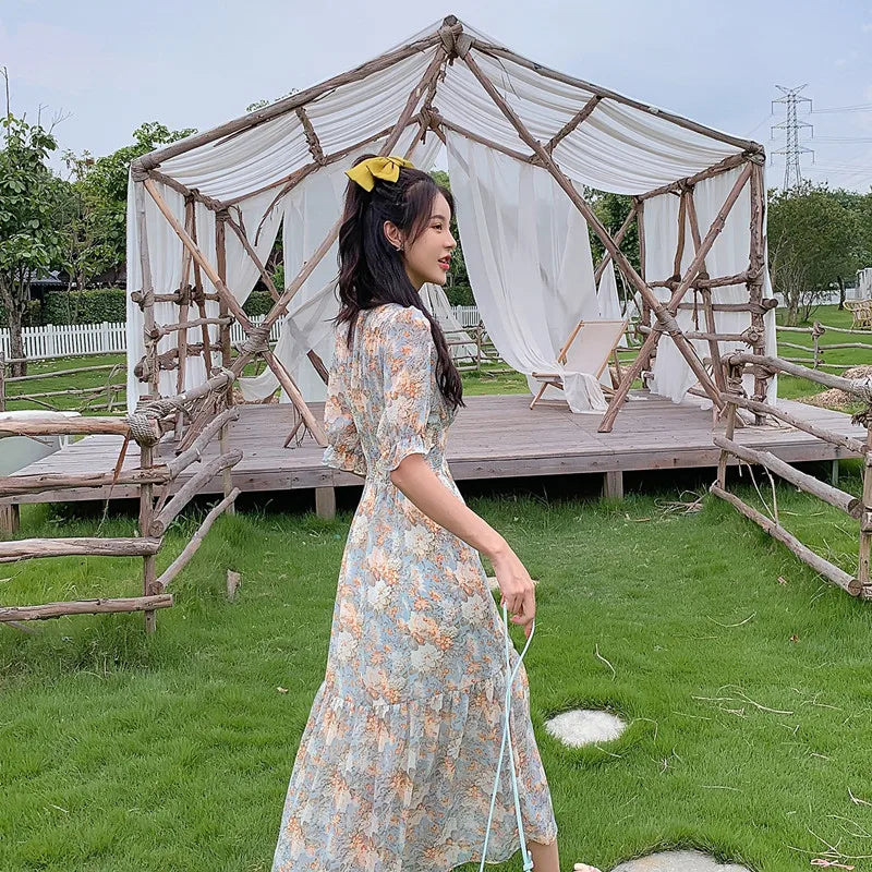 Women Long Vintage Chiffon Floral Dress Summer 2022 Runway Elegant Korean Party Dress Fairy Boho Retro Casual Vacation Dresses