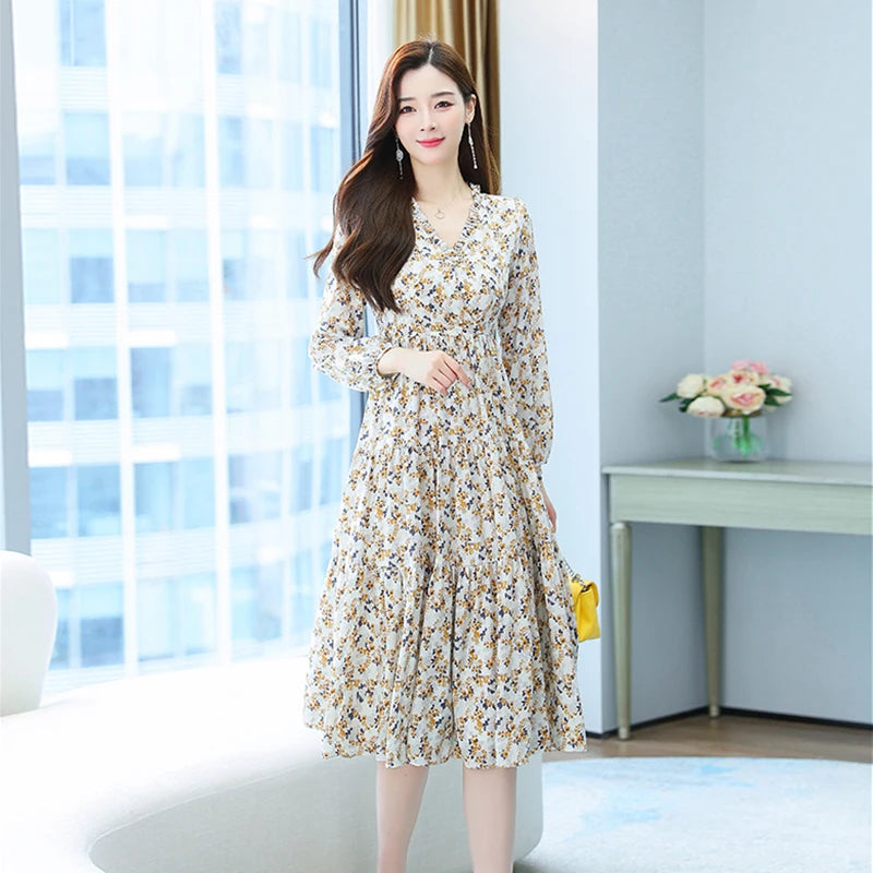 White Long Chiffon Women Floral Dress Autumn Spring Runway 2022 Y2K Korean Fairy Long Sleeve Vintage Elegant Boho Party Dresses