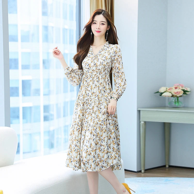 White Long Chiffon Women Floral Dress Autumn Spring Runway 2022 Y2K Korean Fairy Long Sleeve Vintage Elegant Boho Party Dresses