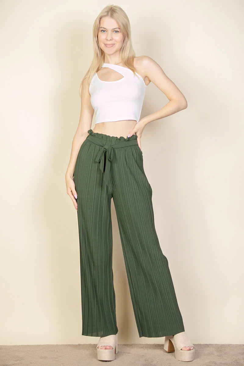 Pleated Stretch Crepe Pull-On Wide Leg Tie Front Pants (CAPELLA)