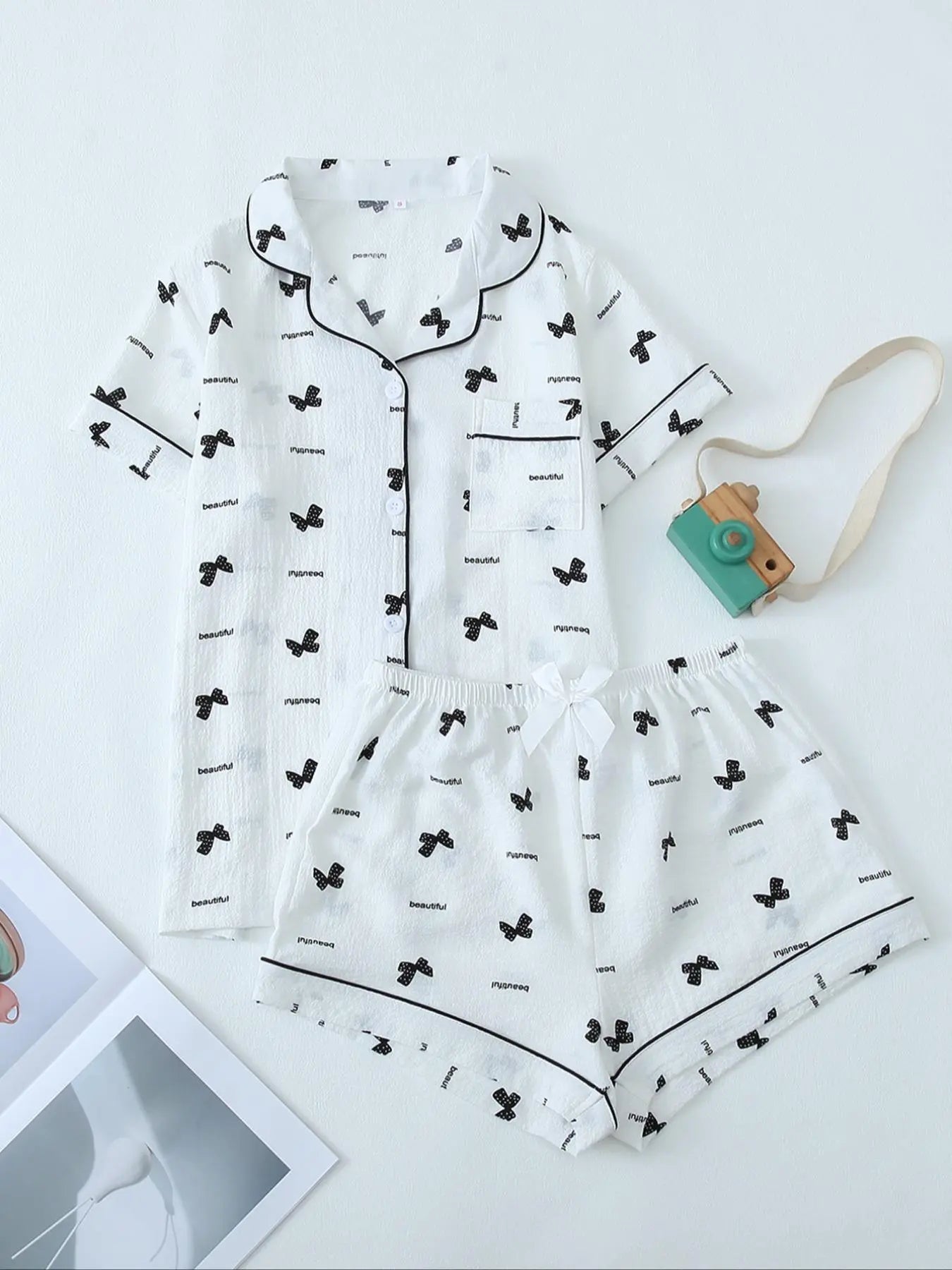 Women'S 2Pcs All over Print Lapel Shirt & Elastic Waist Shorts Pyjama Set, Button Front Short Sleeve Top & Bow Decor Shorts PJ Set, Summer Sleepwear Set for Women, Homewear Clothes