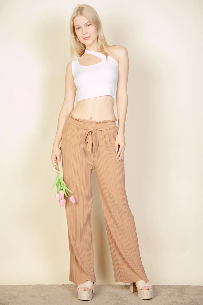 Pleated Stretch Crepe Pull-On Wide Leg Tie Front Pants (CAPELLA)