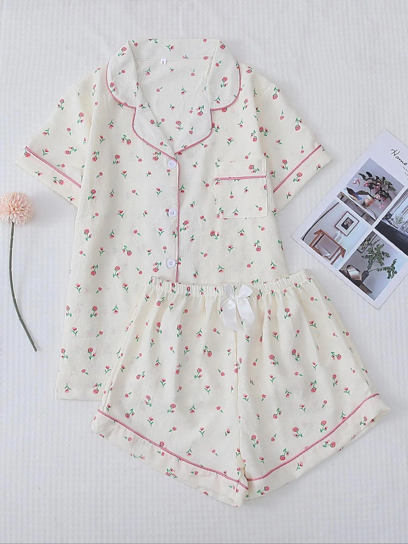 Women'S 2Pcs All over Print Lapel Shirt & Elastic Waist Shorts Pyjama Set, Button Front Short Sleeve Top & Bow Decor Shorts PJ Set, Summer Sleepwear Set for Women, Homewear Clothes