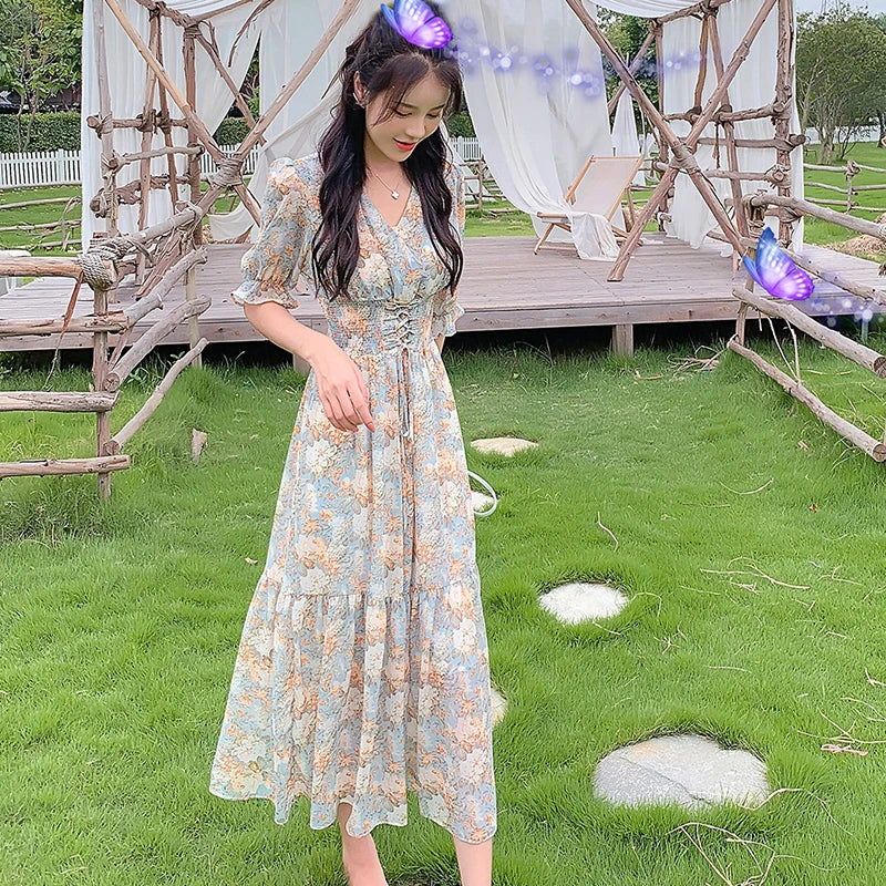 Women Long Vintage Chiffon Floral Dress Summer 2022 Runway Elegant Korean Party Dress Fairy Boho Retro Casual Vacation Dresses