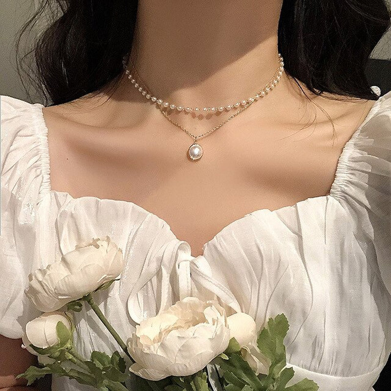 2020 New Double Layer Chain Gold Choker Necklace Women Korean Style Pearl Pendant Necklace Fashion Jewelry Collar