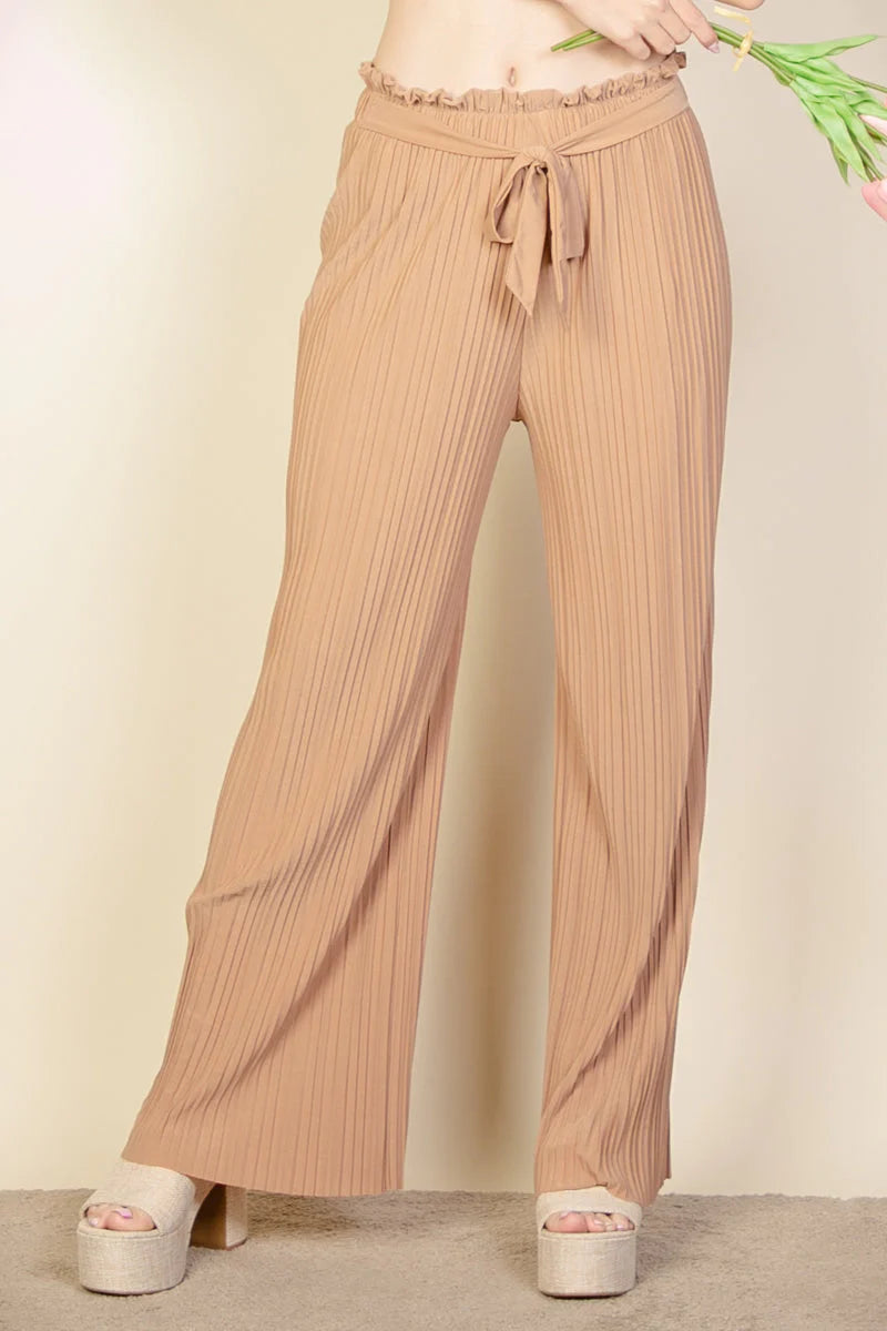 Pleated Stretch Crepe Pull-On Wide Leg Tie Front Pants (CAPELLA)