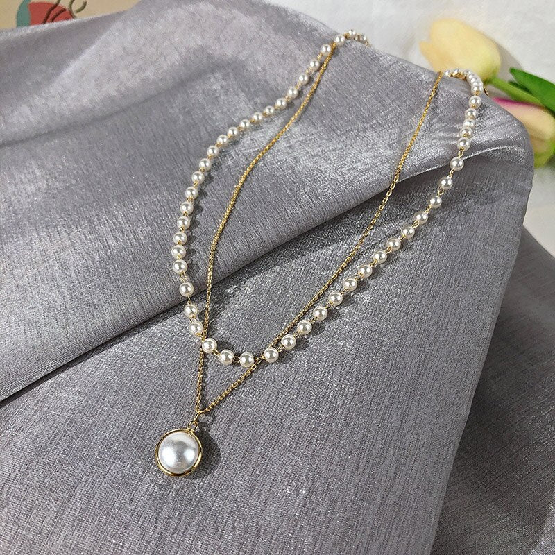 2020 New Double Layer Chain Gold Choker Necklace Women Korean Style Pearl Pendant Necklace Fashion Jewelry Collar
