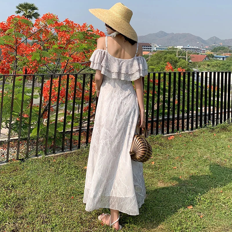 Summer Women Backless Straps Sundress Fairy Elegant Party Casual Vacation Boho Maxi Beach Dress Vintage Korean Runway Vestidos