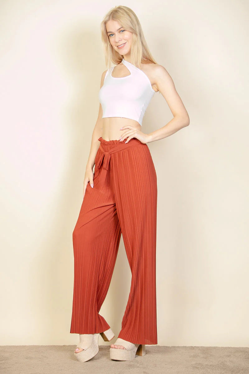 Pleated Stretch Crepe Pull-On Wide Leg Tie Front Pants (CAPELLA)