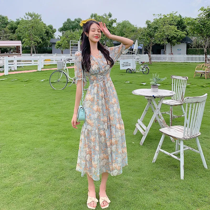 Women Long Vintage Chiffon Floral Dress Summer 2022 Runway Elegant Korean Party Dress Fairy Boho Retro Casual Vacation Dresses
