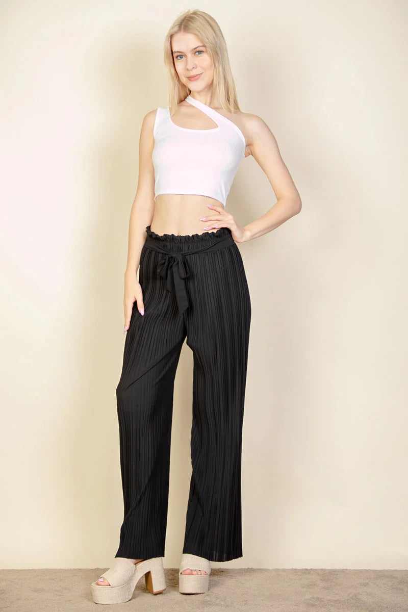 Pleated Stretch Crepe Pull-On Wide Leg Tie Front Pants (CAPELLA)