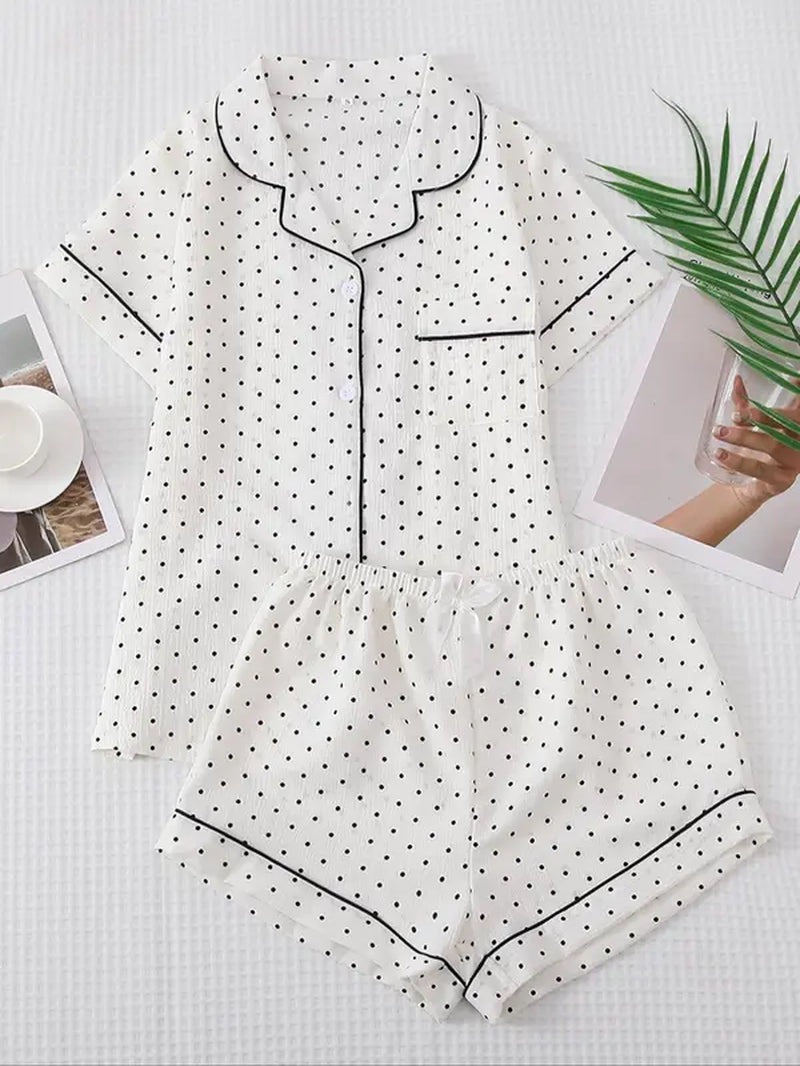 Women'S 2Pcs All over Print Lapel Shirt & Elastic Waist Shorts Pyjama Set, Button Front Short Sleeve Top & Bow Decor Shorts PJ Set, Summer Sleepwear Set for Women, Homewear Clothes