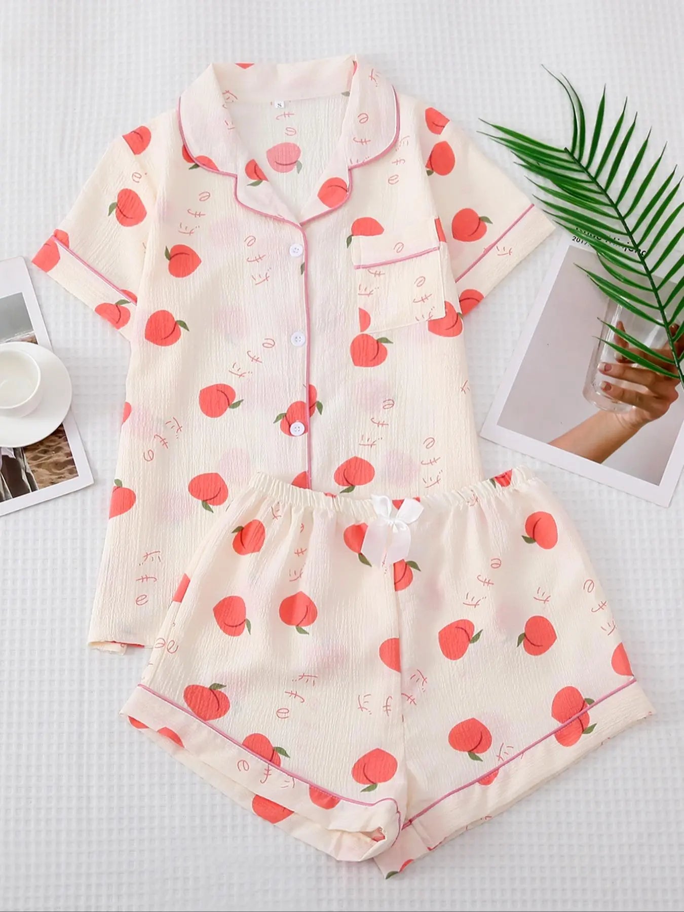 Women'S 2Pcs All over Print Lapel Shirt & Elastic Waist Shorts Pyjama Set, Button Front Short Sleeve Top & Bow Decor Shorts PJ Set, Summer Sleepwear Set for Women, Homewear Clothes