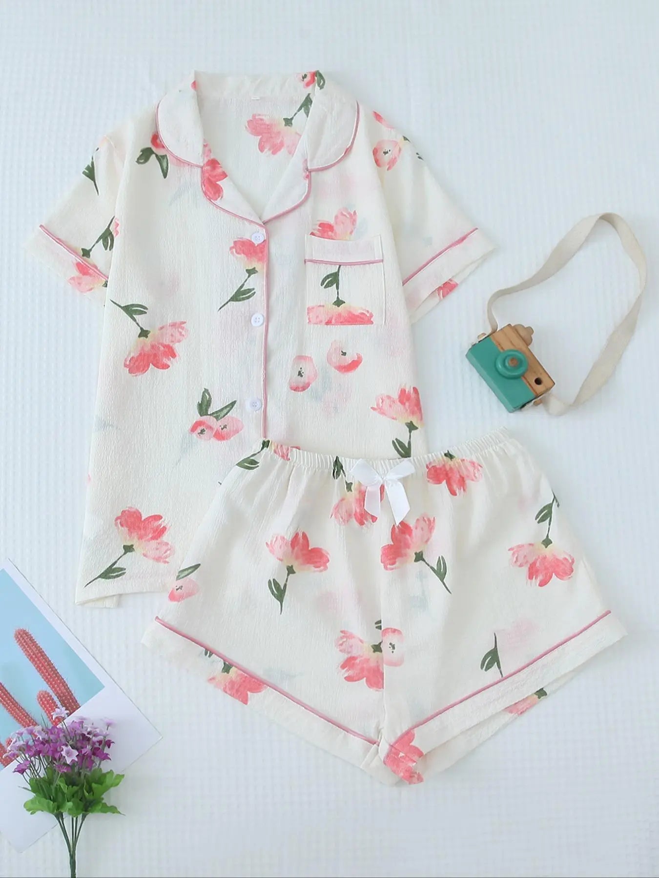 Women'S 2Pcs All over Print Lapel Shirt & Elastic Waist Shorts Pyjama Set, Button Front Short Sleeve Top & Bow Decor Shorts PJ Set, Summer Sleepwear Set for Women, Homewear Clothes