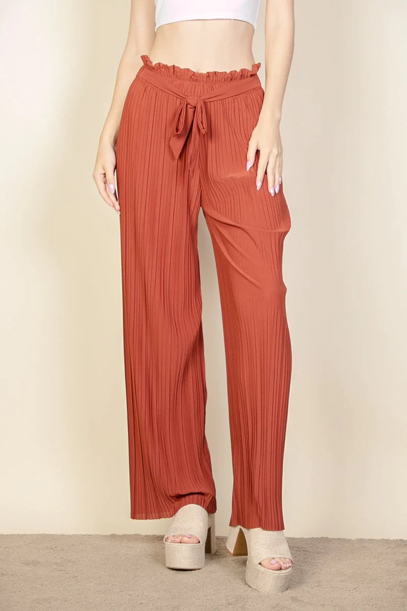Pleated Stretch Crepe Pull-On Wide Leg Tie Front Pants (CAPELLA)