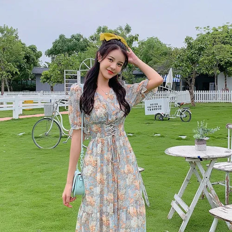 Women Long Vintage Chiffon Floral Dress Summer 2022 Runway Elegant Korean Party Dress Fairy Boho Retro Casual Vacation Dresses
