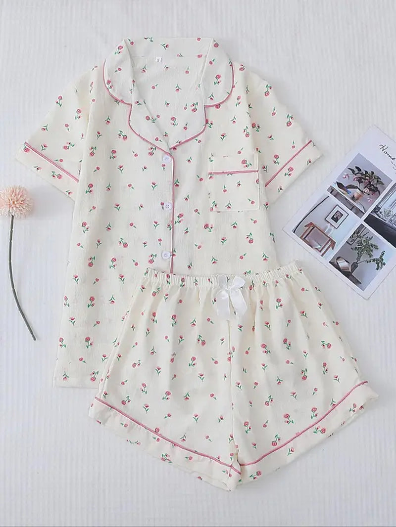 Women'S 2Pcs All over Print Lapel Shirt & Elastic Waist Shorts Pyjama Set, Button Front Short Sleeve Top & Bow Decor Shorts PJ Set, Summer Sleepwear Set for Women, Homewear Clothes
