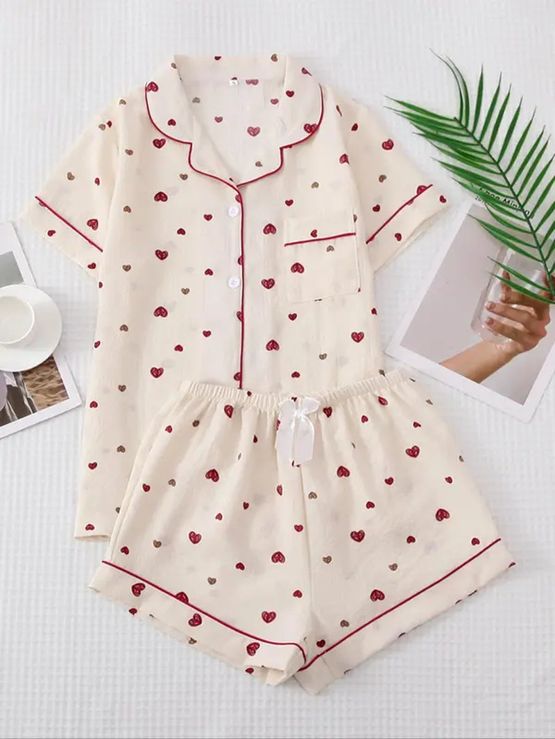 Women'S 2Pcs All over Print Lapel Shirt & Elastic Waist Shorts Pyjama Set, Button Front Short Sleeve Top & Bow Decor Shorts PJ Set, Summer Sleepwear Set for Women, Homewear Clothes