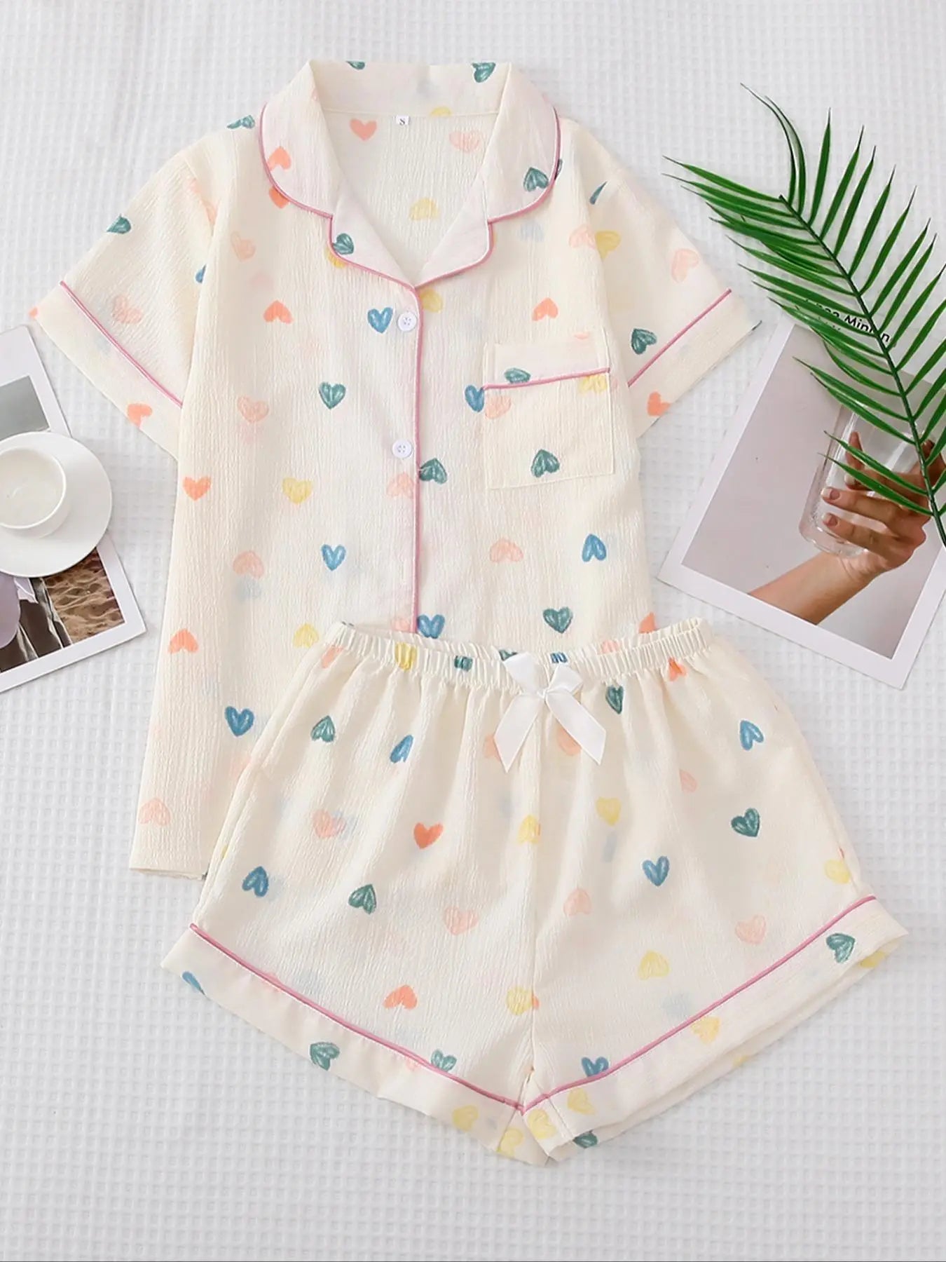 Women'S 2Pcs All over Print Lapel Shirt & Elastic Waist Shorts Pyjama Set, Button Front Short Sleeve Top & Bow Decor Shorts PJ Set, Summer Sleepwear Set for Women, Homewear Clothes