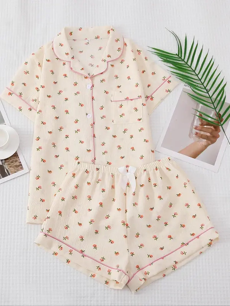 Women'S 2Pcs All over Print Lapel Shirt & Elastic Waist Shorts Pyjama Set, Button Front Short Sleeve Top & Bow Decor Shorts PJ Set, Summer Sleepwear Set for Women, Homewear Clothes