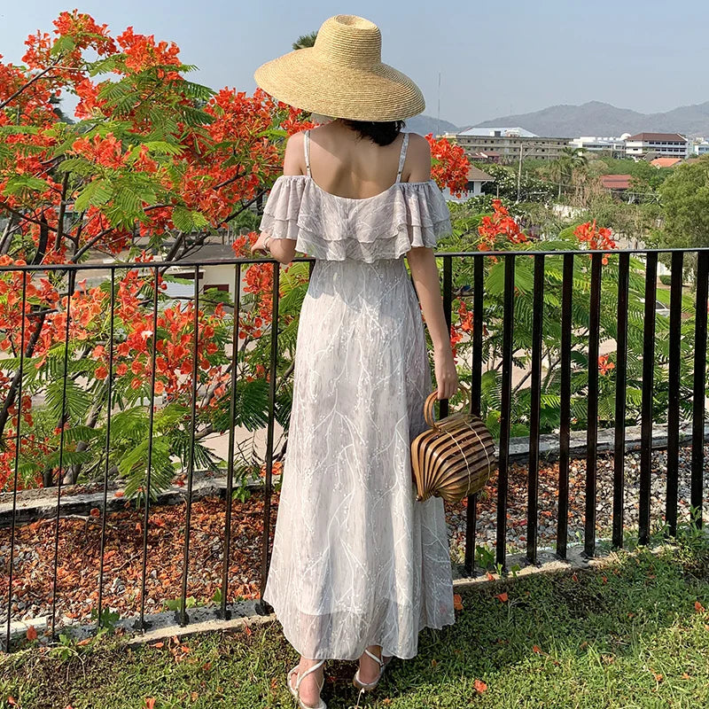 Summer Women Backless Straps Sundress Fairy Elegant Party Casual Vacation Boho Maxi Beach Dress Vintage Korean Runway Vestidos