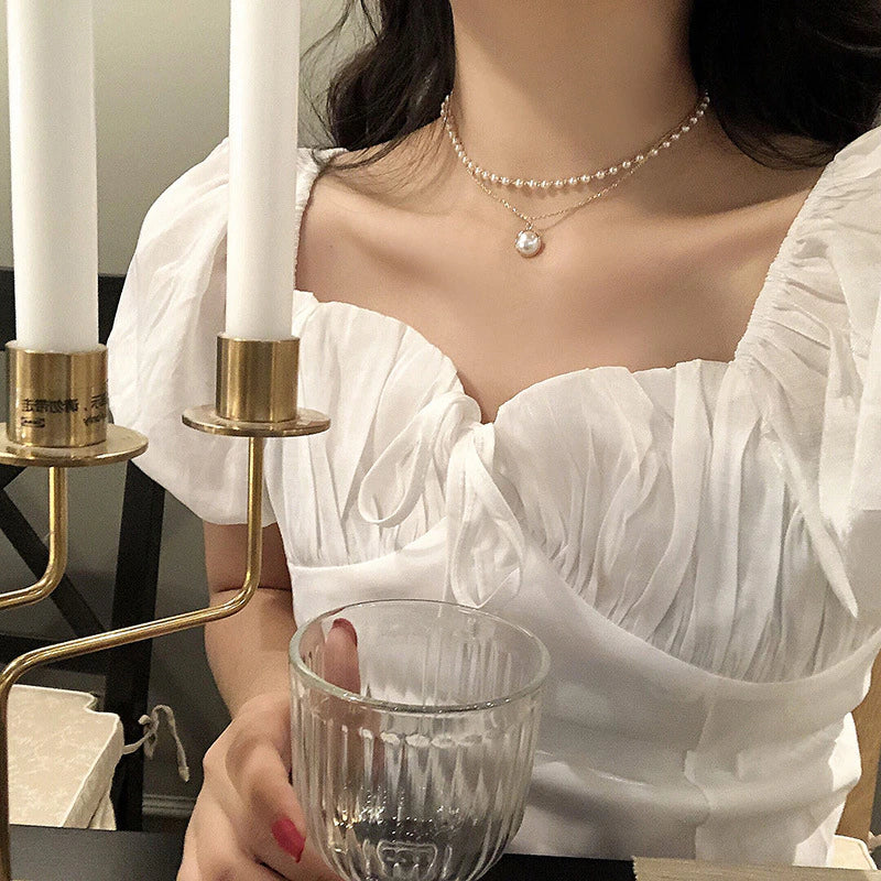 2020 New Double Layer Chain Gold Choker Necklace Women Korean Style Pearl Pendant Necklace Fashion Jewelry Collar