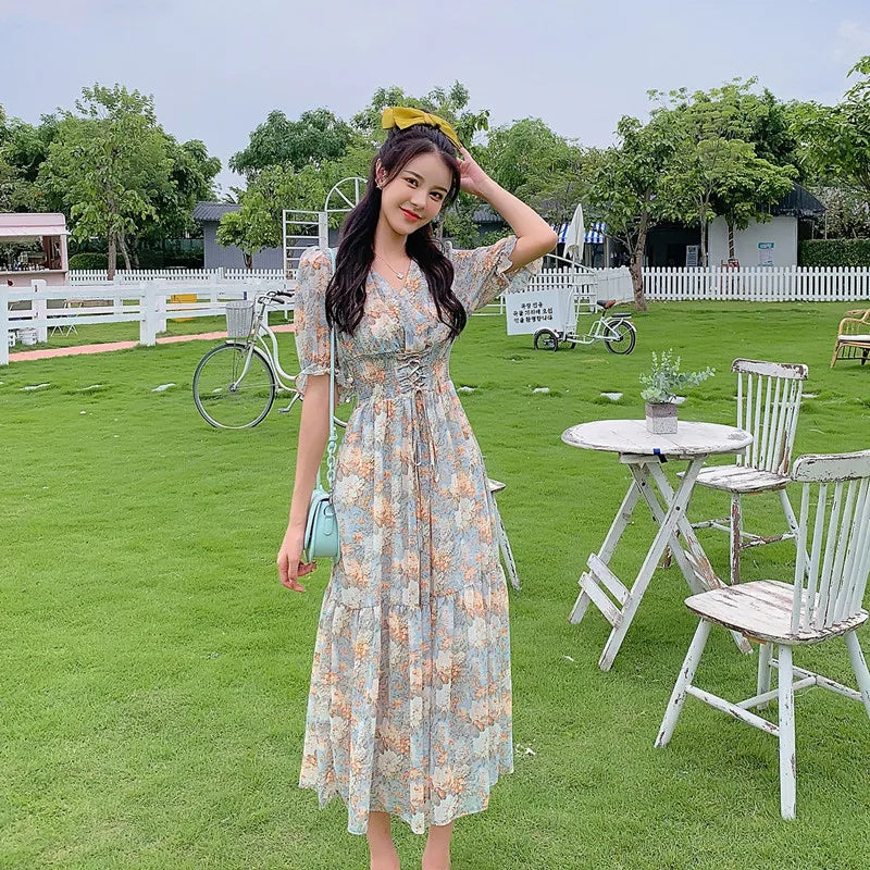 Women Long Vintage Chiffon Floral Dress Summer 2022 Runway Elegant Korean Party Dress Fairy Boho Retro Casual Vacation Dresses