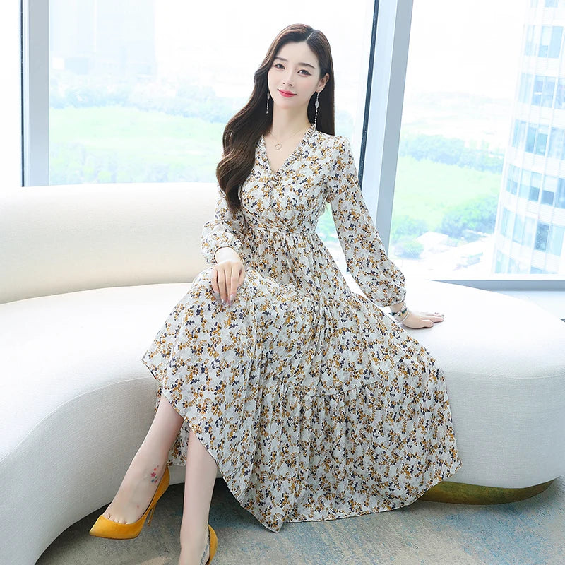 chiffon long dress korean 2019 2023 Beach Floral Chiffon Midi Dress Women Luxury Elegant Spring Summer Korean Fashion Casual Bodycon Party Evening Long Dresses