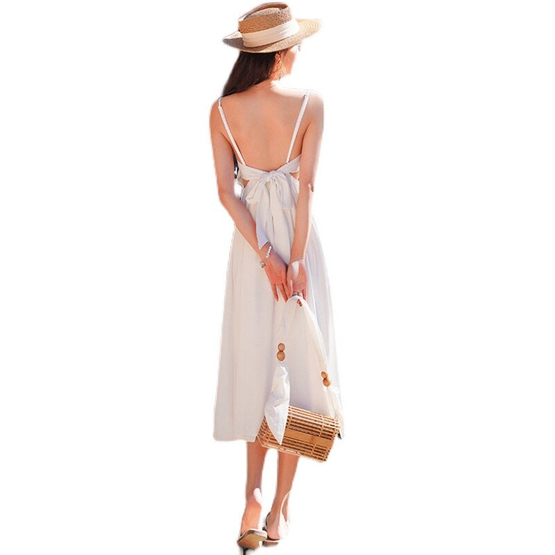Women Long White Slip Dress Summer 2022 Runway Elegant Vintage Korean Backless Sundress Casual Honeymoon Vacation Party Vestidos