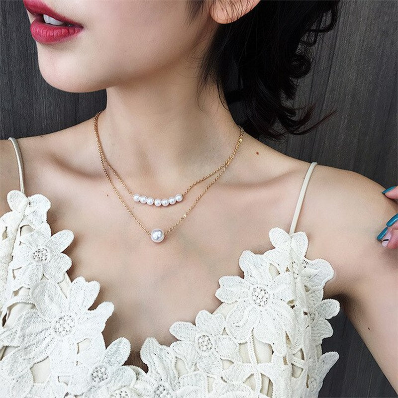 2020 New Double Layer Chain Gold Choker Necklace Women Korean Style Pearl Pendant Necklace Fashion Jewelry Collar