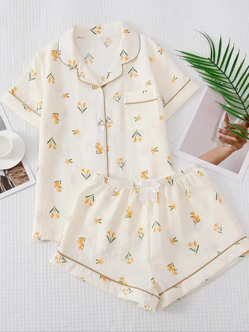 Women'S 2Pcs All over Print Lapel Shirt & Elastic Waist Shorts Pyjama Set, Button Front Short Sleeve Top & Bow Decor Shorts PJ Set, Summer Sleepwear Set for Women, Homewear Clothes