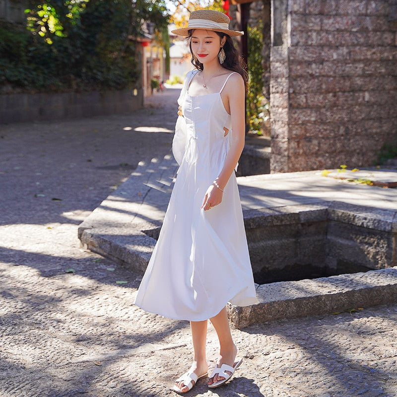 Women Long White Slip Dress Summer 2022 Runway Elegant Vintage Korean Backless Sundress Casual Honeymoon Vacation Party Vestidos