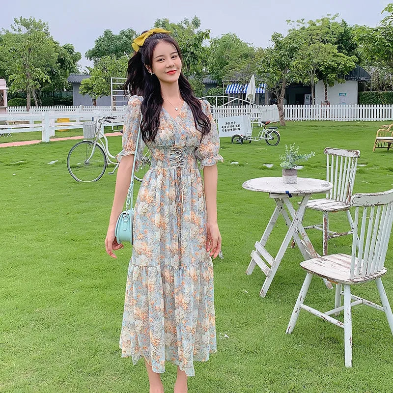Women Long Vintage Chiffon Floral Dress Summer 2022 Runway Elegant Korean Party Dress Fairy Boho Retro Casual Vacation Dresses